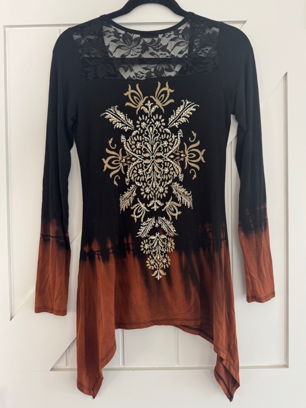 Vocal Apparel Y2K Gothic Rhinestone Tunic Top - Ombre Tie Dye Sharkbite Hem - M - Picture 4 of 4